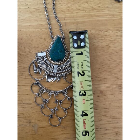 Vtg Handmade Chrysocolla Dangling Pendant Necklace BOHO Peruvian Folk Art Silver - Picture 3 of 7